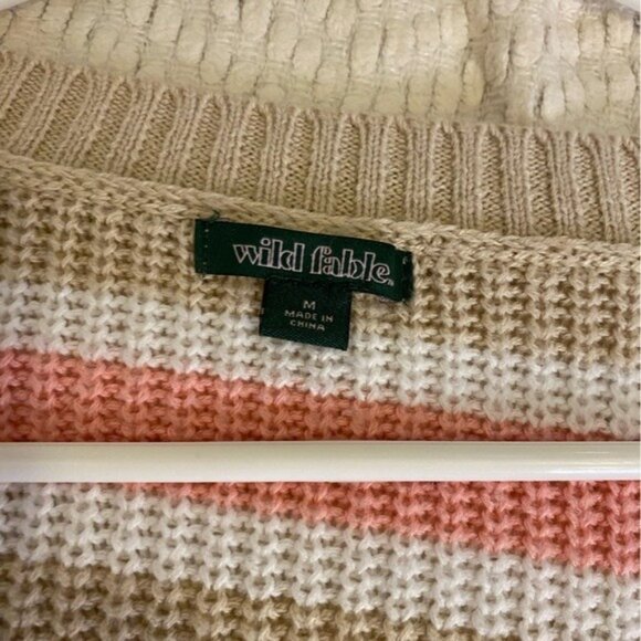 Wild Fable Coral & Tan White Striped Cropped V-Neck Sweater Women's Size M - Picture 2 of 5